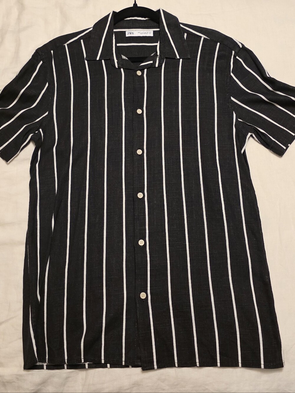 Zara Men Black Shirt with White Vertical Stripes - Men's S